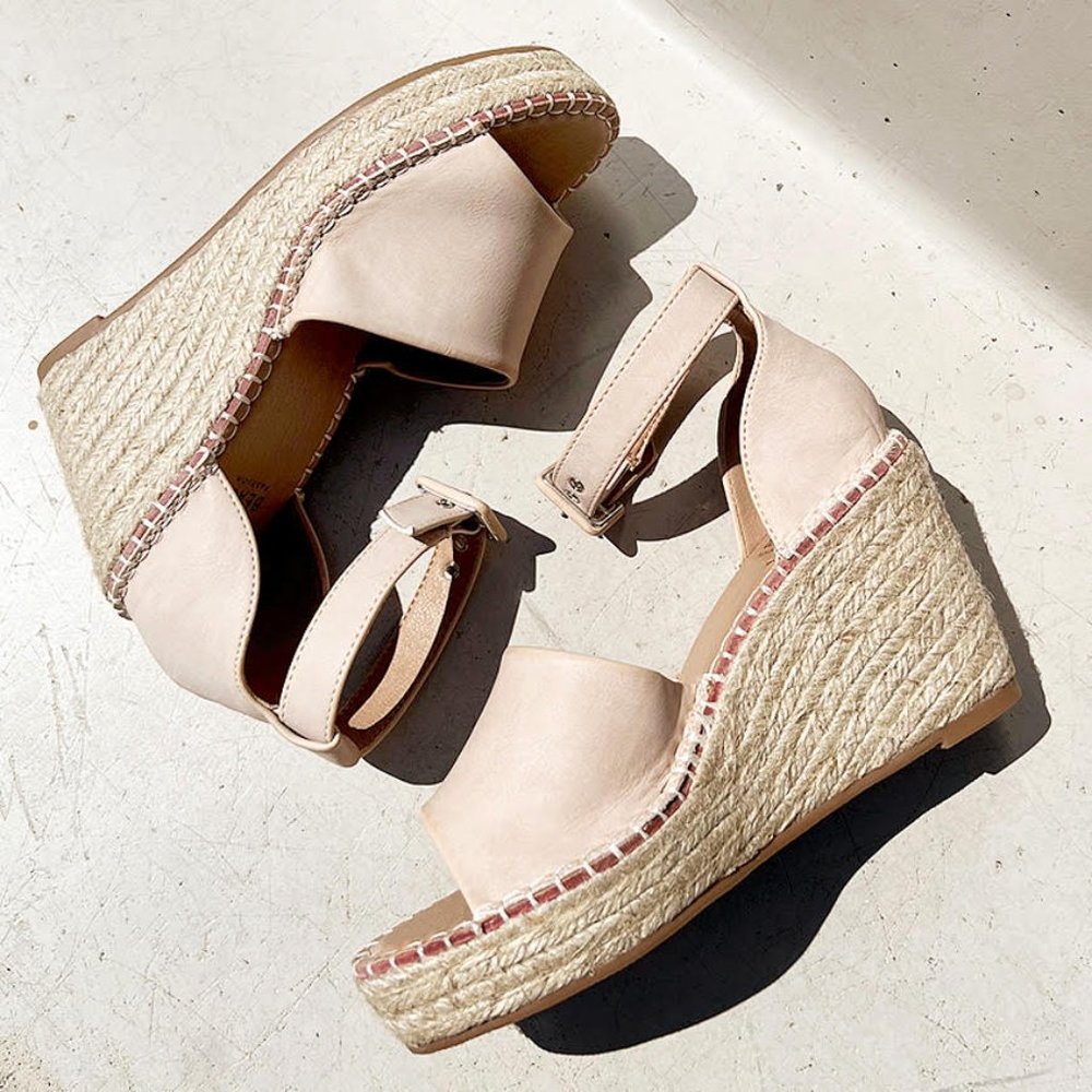 NEW Sand Nude Faux Leather Ankle Buckle Strap Espadrille Platform Wedge Sandals - Picture 8 of 13